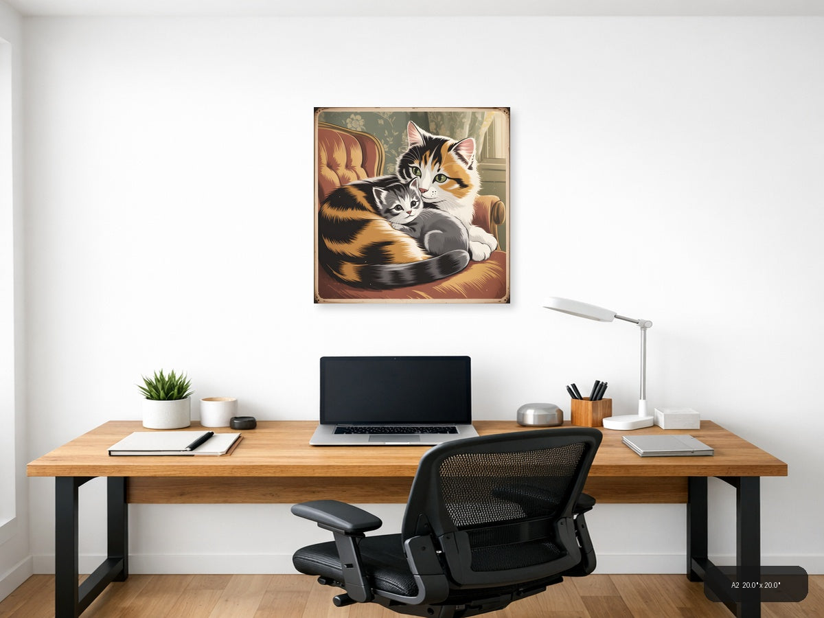 Calico Mother Cat with Kitten Vintage Wall Art — A2 / Office