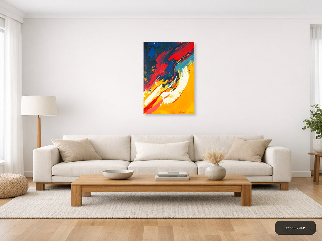 Bold Abstract Fluid Art with Red, Blue & Yellow Wall Art — A2 / Living Room