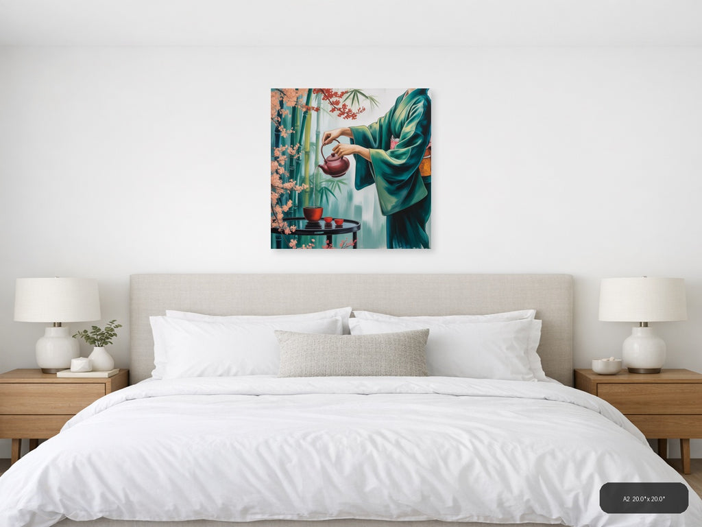 Asian Tea Ceremony Green Silk Wall Art — A2 / Bedroom