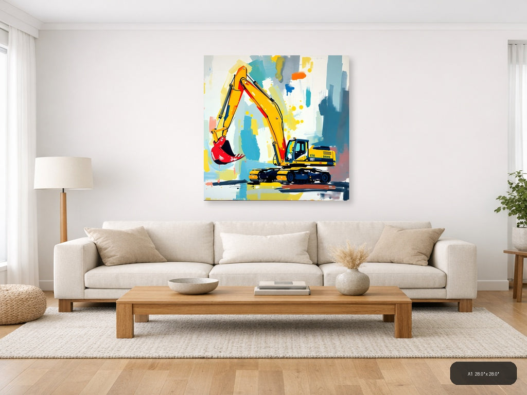 Yellow Excavator Abstract Construction Wall Art — A1 / Living Room