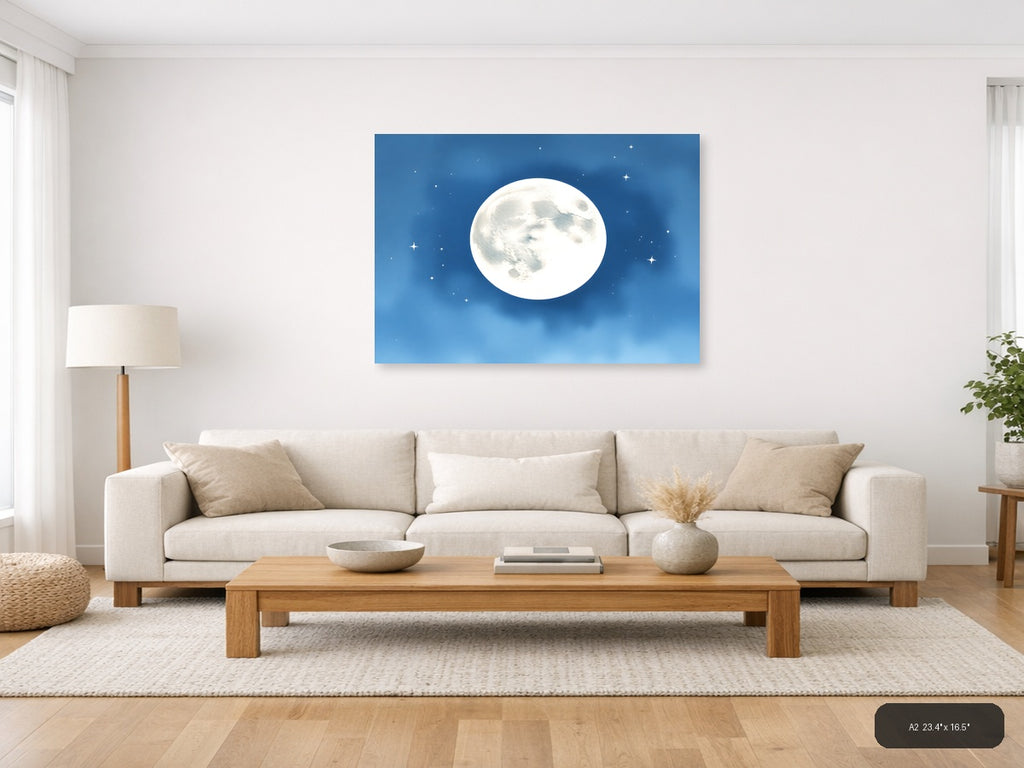 Full Moon Night Sky Watercolor Wall Art — A2 / Living Room