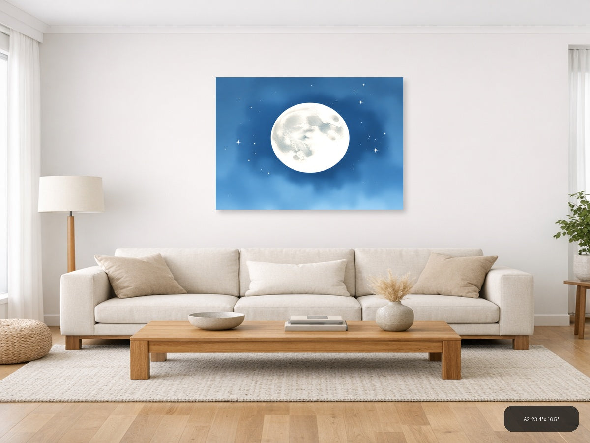Full Moon Night Sky Watercolor Wall Art — A2 / Living Room