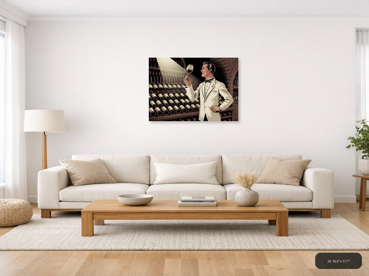 Vintage Wine Connoisseur in Cellar - Landscape Wall Art — A3 / Living Room
