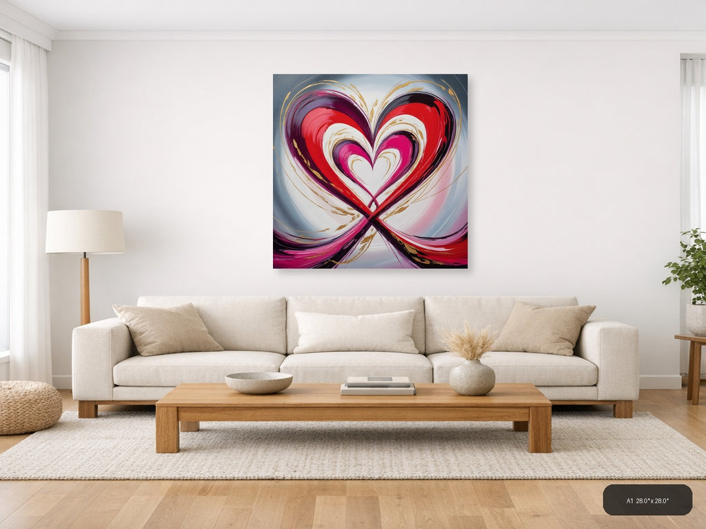 Abstract Nested Heart Swirl Red Pink Gold Wall Art — A1 / Living Room