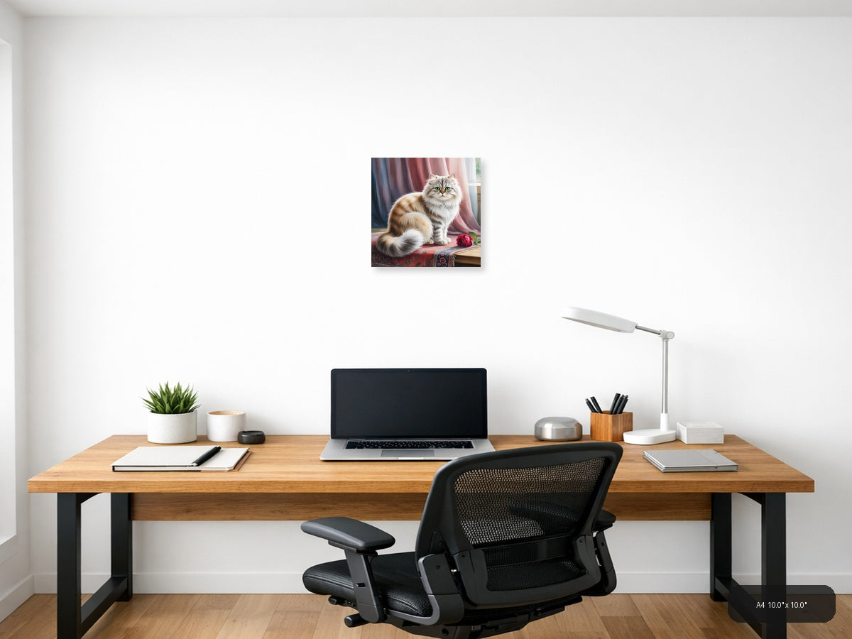 Fluffy Cat with Green Eyes Watercolor Wall Art — A4 / Office