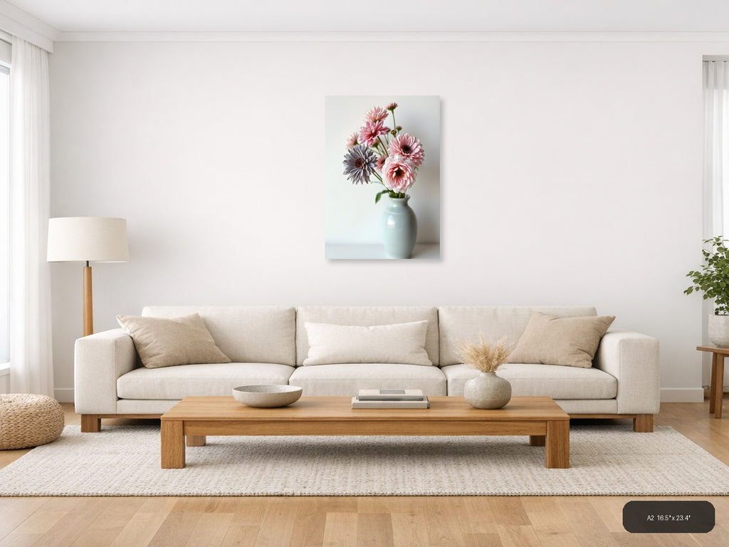Minimalist Pink Gerbera Flowers in Vase Wall Art — A2 / Living Room