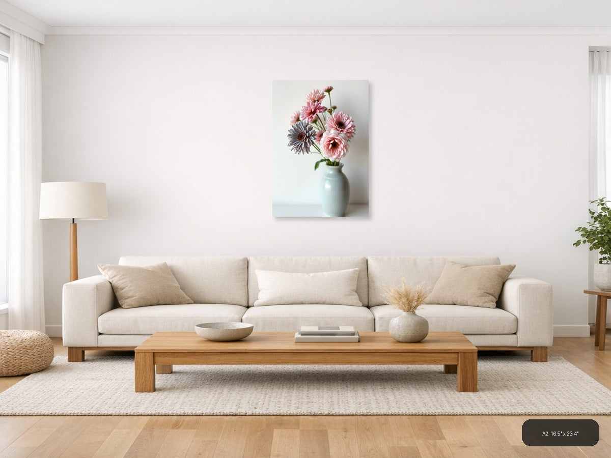 Minimalist Pink Gerbera Flowers in Vase Wall Art — A2 / Living Room
