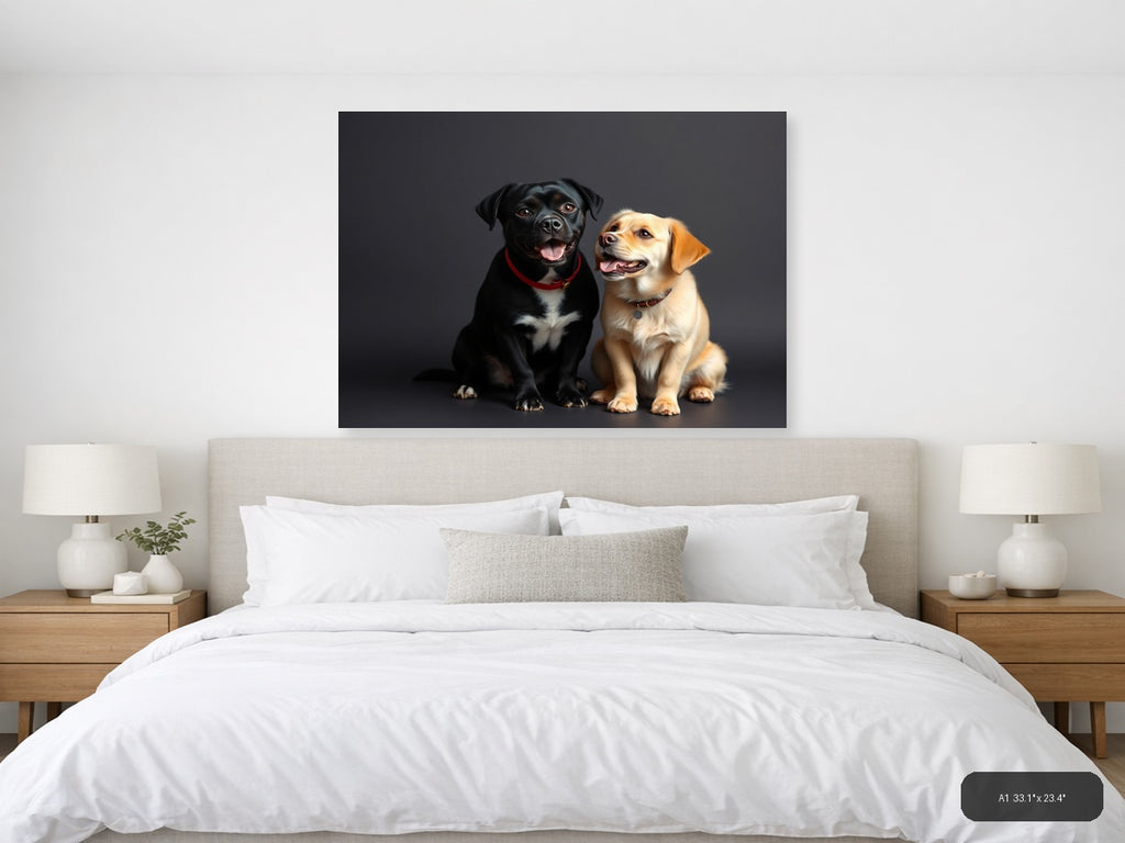 Two Happy Labradors Portrait on Gray | Minimalist Dog Wall Art — A1 (Bedroom)