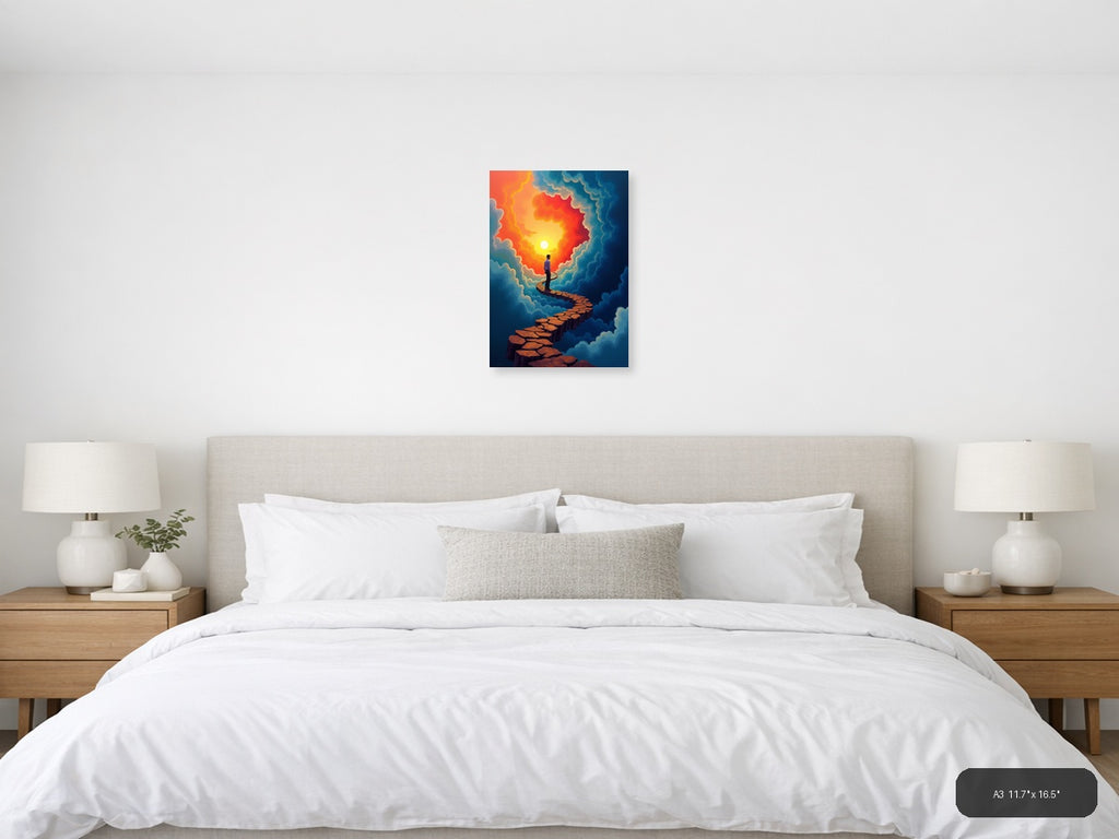 Man on Stone Path to Sunset Cloud Portal Wall Art — A3 / Bedroom