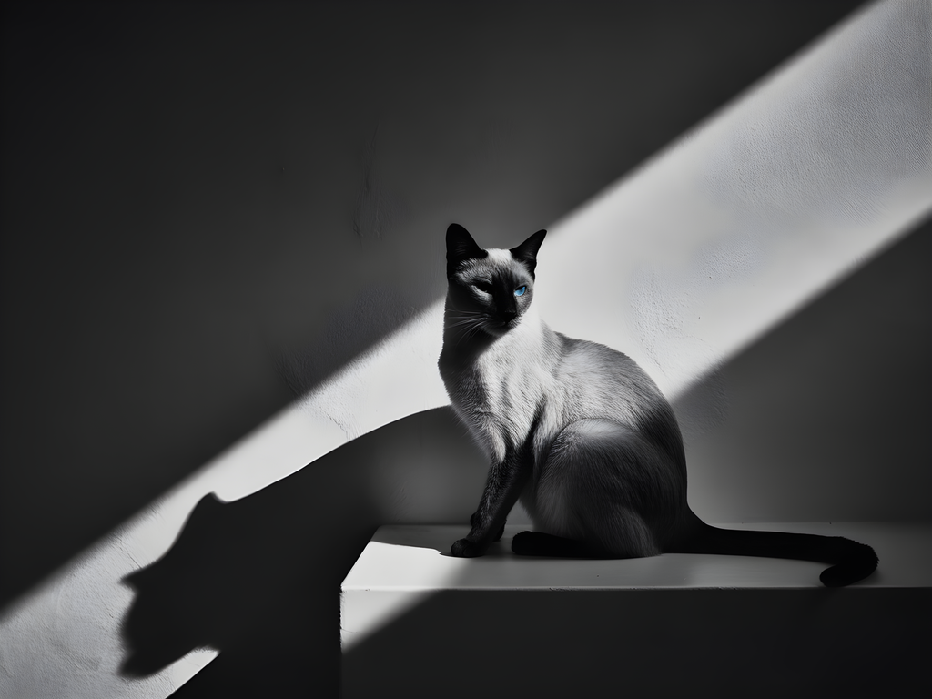 Siamese Cat in Sunlight - Black White Photography Wall Art