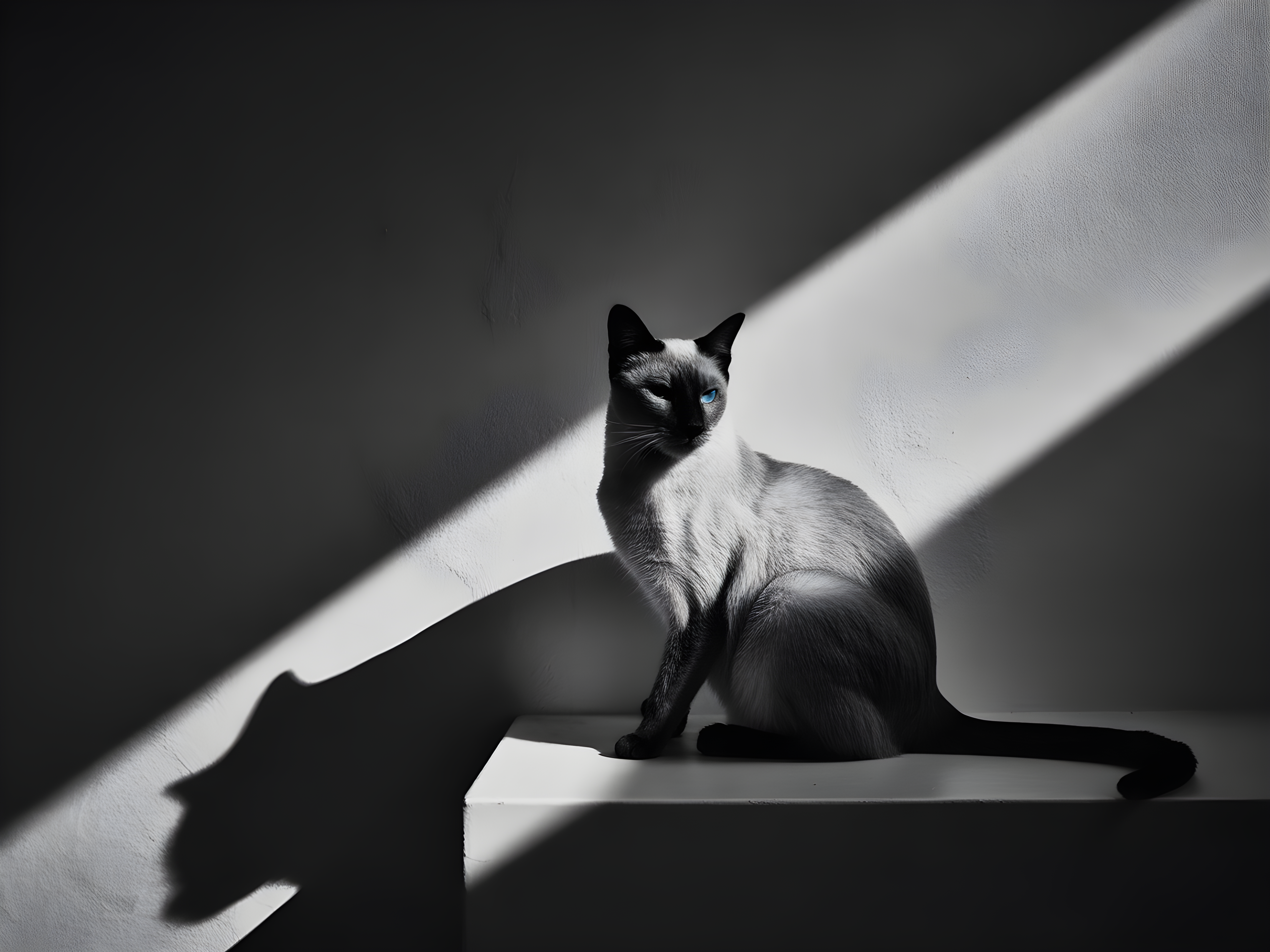 Siamese Cat in Sunlight - Black White Photography Wall Art