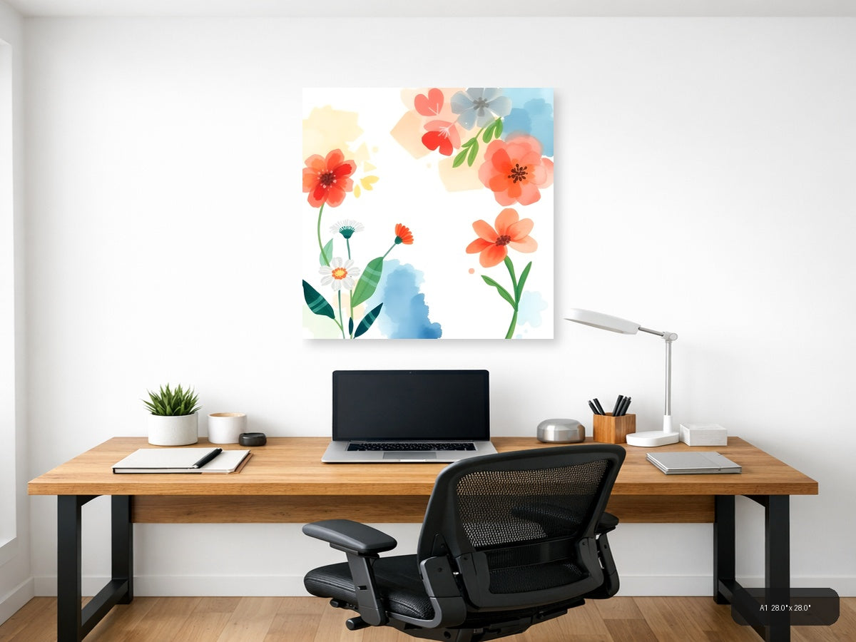 Watercolor Floral Garden with Red & Orange Blooms Wall Art — A1 / Office
