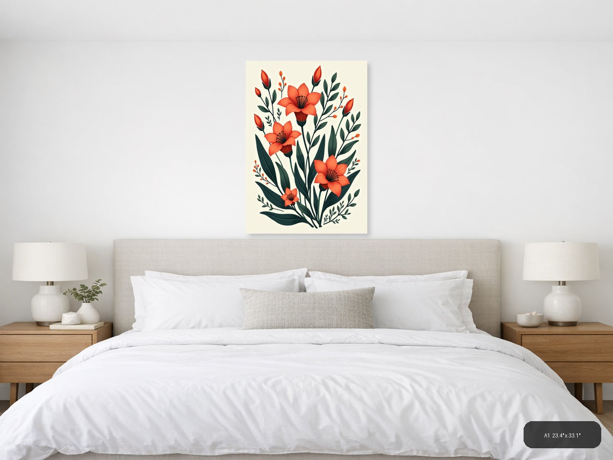 Red Flowers Botanical Illustration Portrait Wall Art — A1 / Bedroom