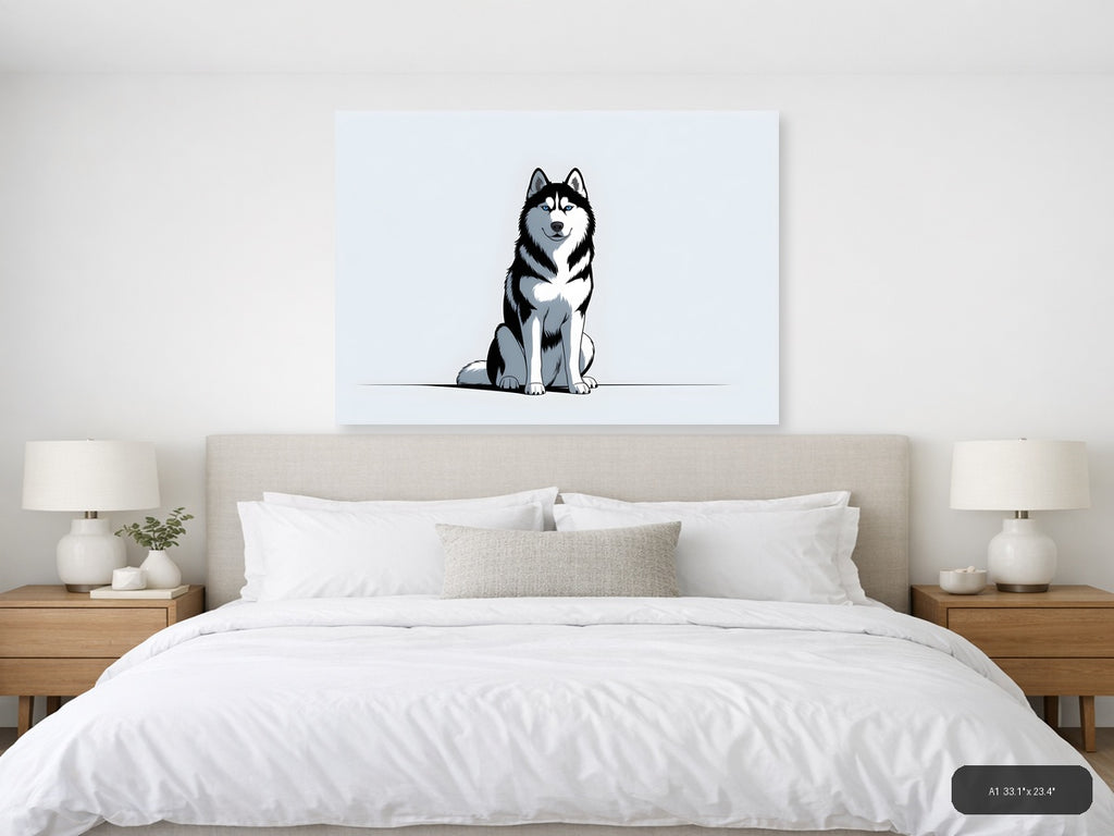 Siberian Husky Portrait - Minimalist Black & White Wall Art — A1 / Bedroom