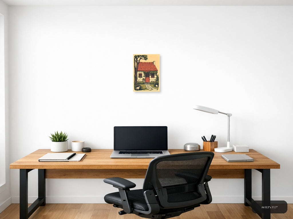 Vintage Cottage with Red Roof and Tree Wall Art — A4 / Office