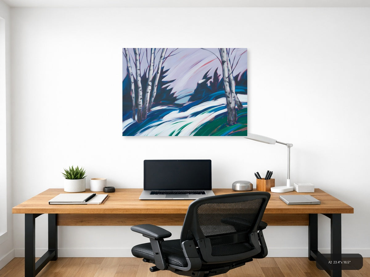 Abstract Winter Birch Trees Snow Landscape Wall Art — A2 / Office