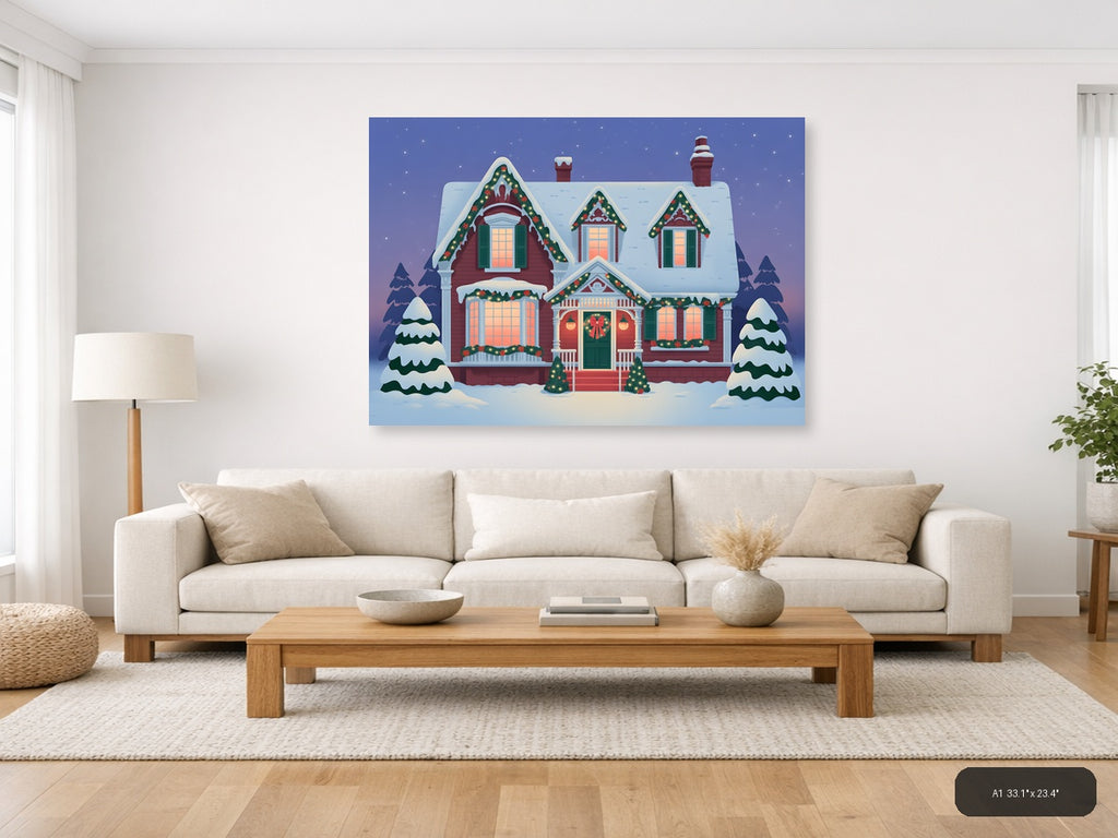 Vintage Christmas House Snow Scene Landscape Wall Art — A1 / Living Room