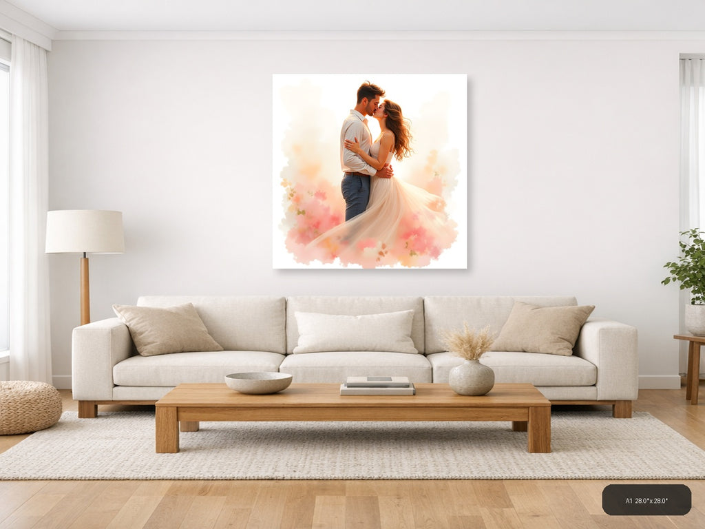 Romantic Couple Kissing Watercolor Wall Art — A1 / Living Room