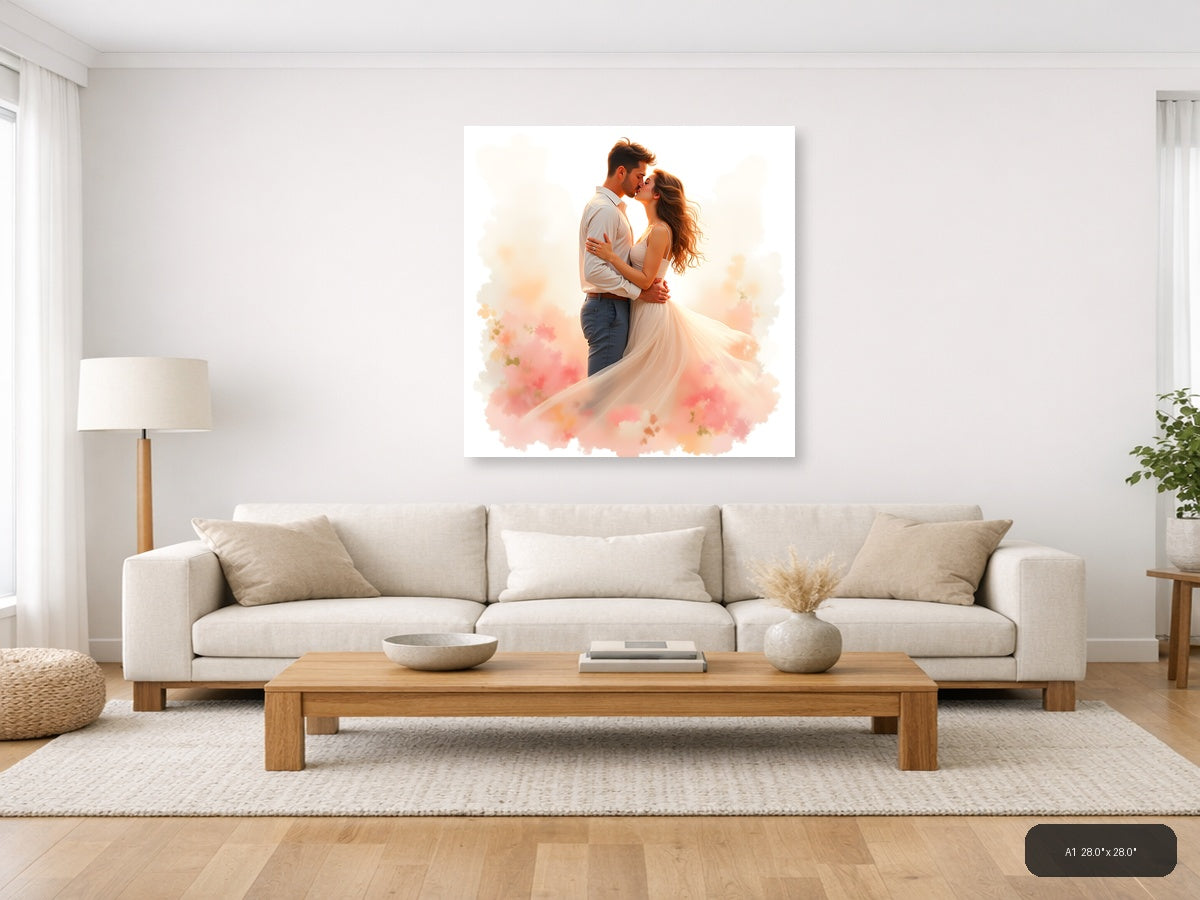 Romantic Couple Kissing Watercolor Wall Art — A1 / Living Room