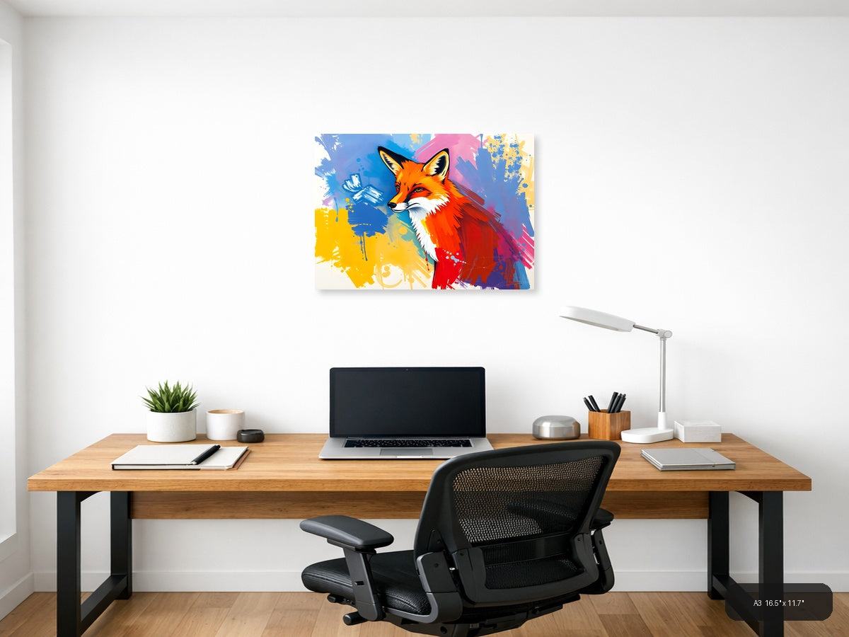 Vibrant Abstract Fox Portrait Splash Wall Art — A3 / Office