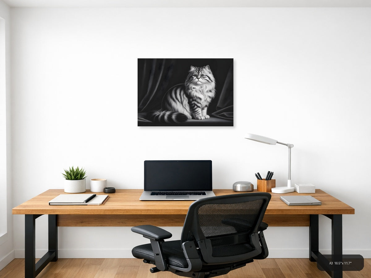 Fluffy Tabby Cat Black and White Photography Wall Art — A3 / Office