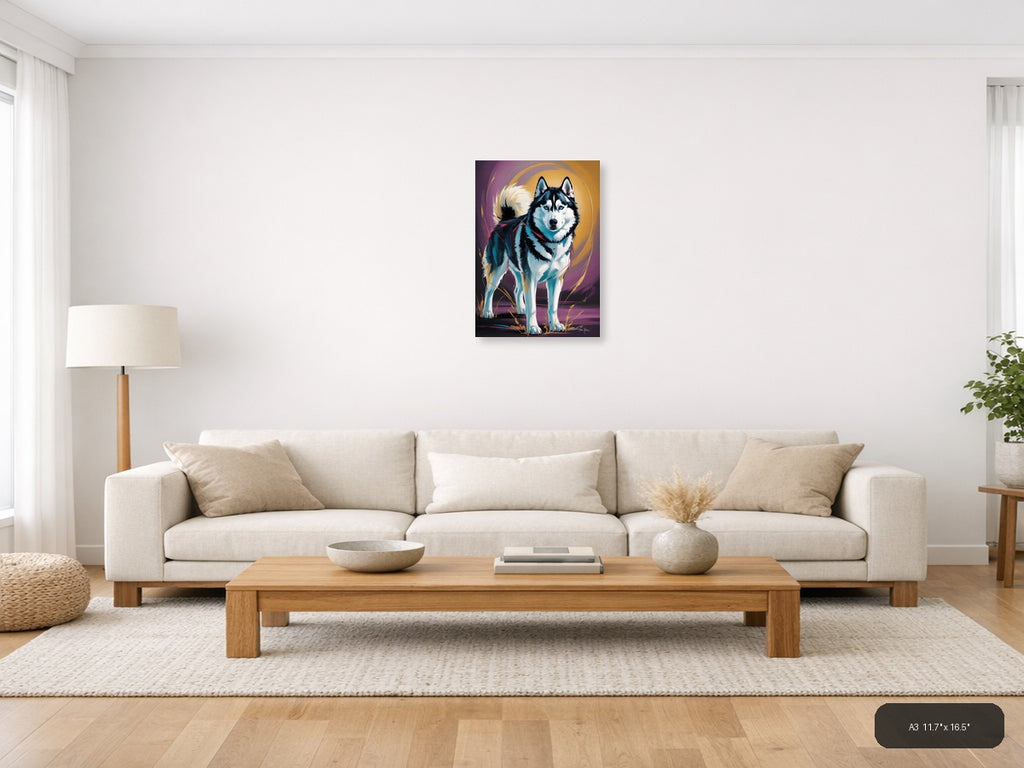 Abstract Husky Portrait with Vibrant Blue & Gold Wall Art — A3 / Living Room