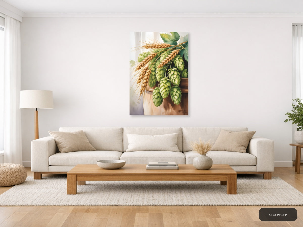 Wheat and Hops Watercolor Botanical Wall Art — A1 / Living Room