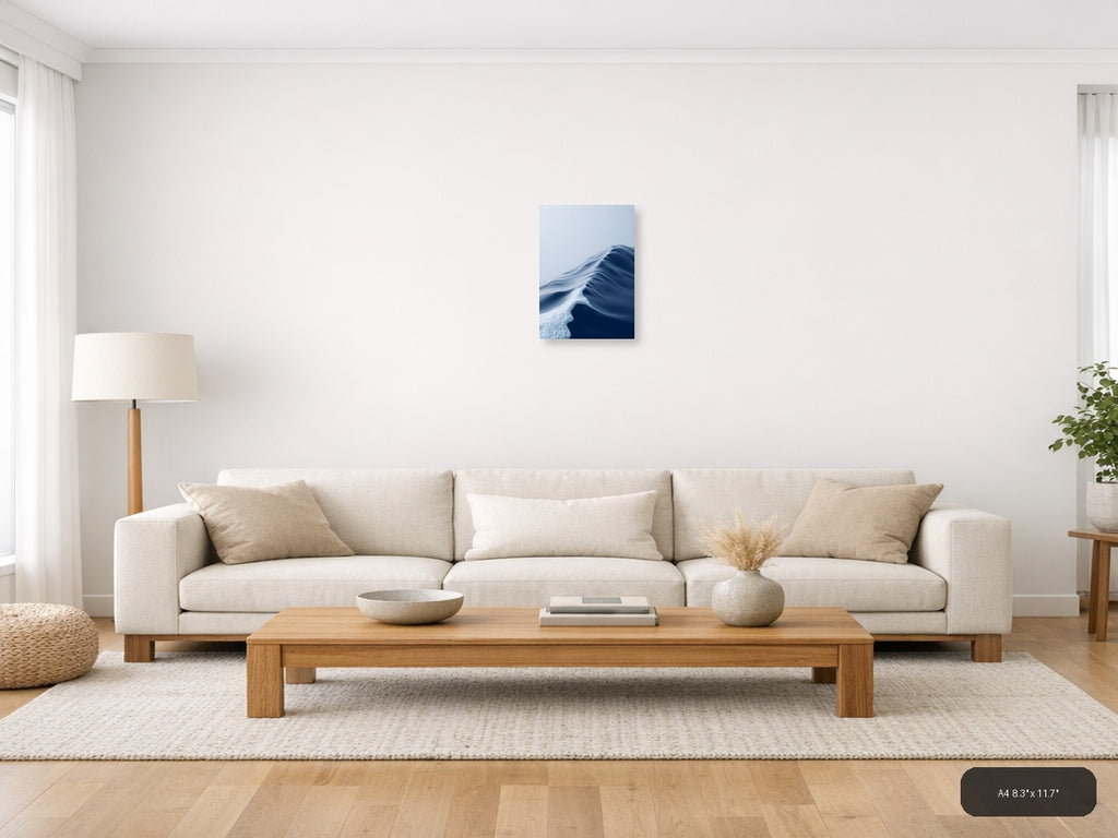 Minimalist Snow Dune Abstract Blue White Wall Art — A4 / Living Room