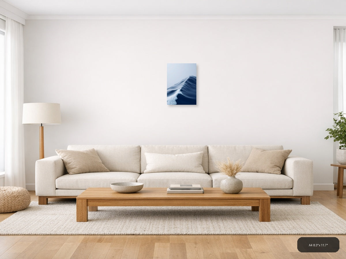 Minimalist Snow Dune Abstract Blue White Wall Art — A4 / Living Room