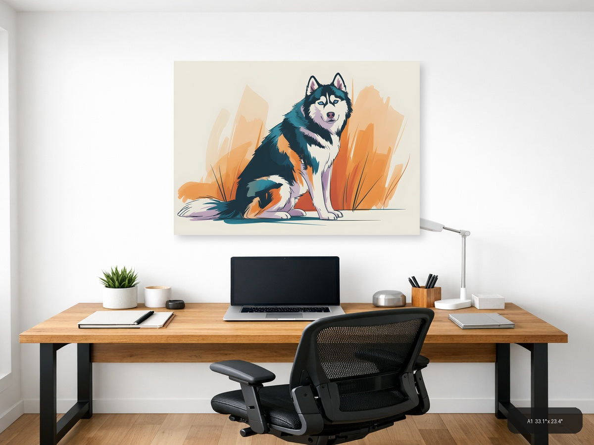 Abstract Husky Dog Portrait with Orange Brush Strokes Wall Art — A1 / Office
