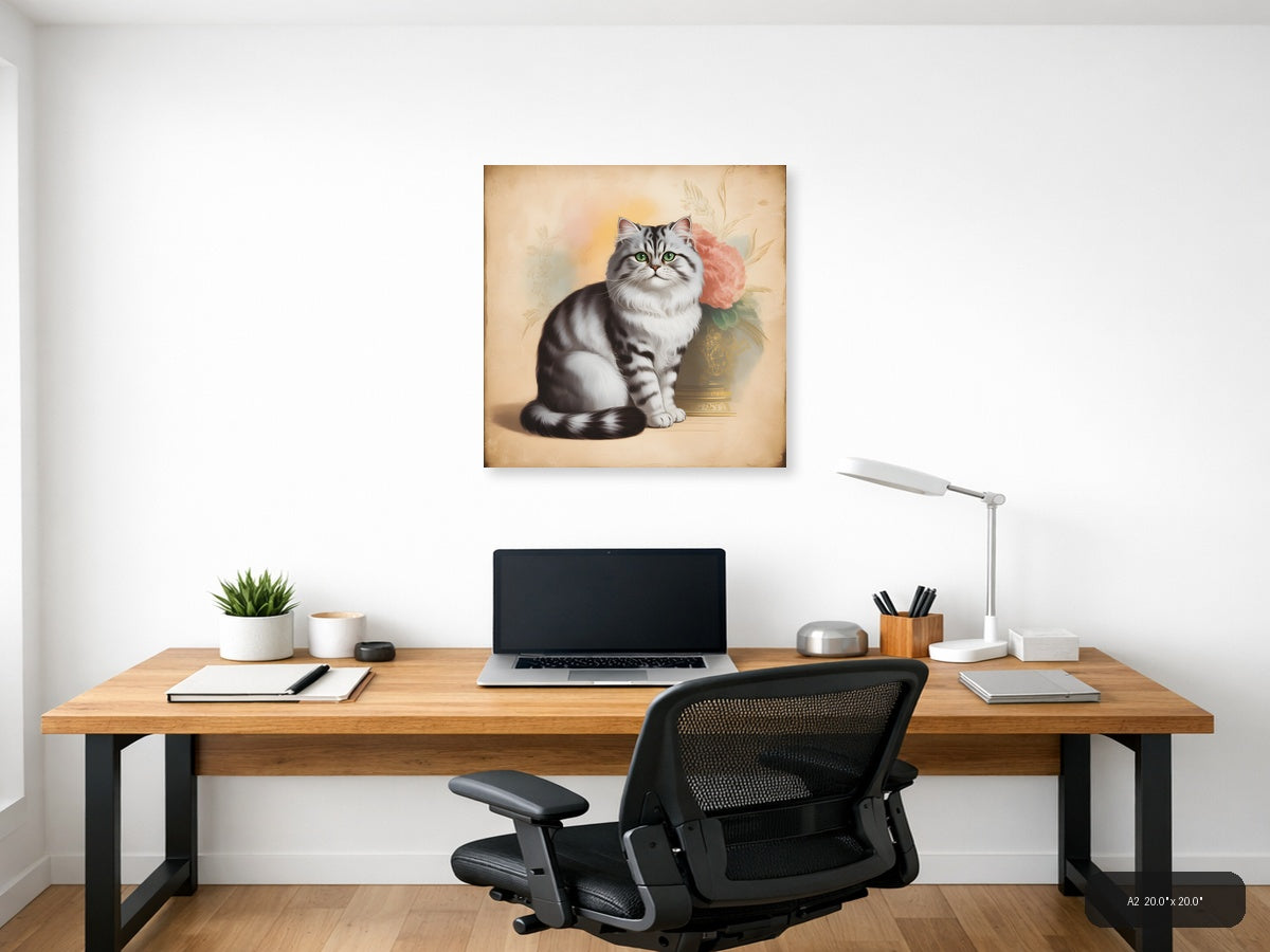 Vintage Grey Tabby Cat with Pink Roses Wall Art — A2 / Office