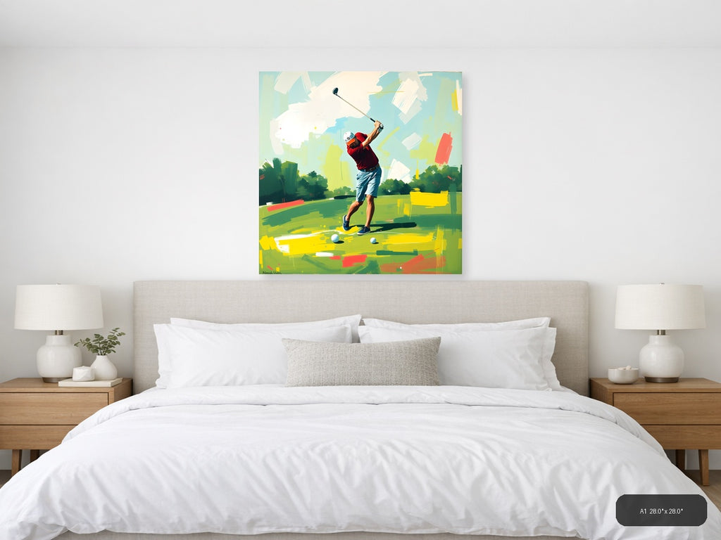 Golfer Mid-Swing Abstract Green & Yellow Wall Art — A1 / Bedroom