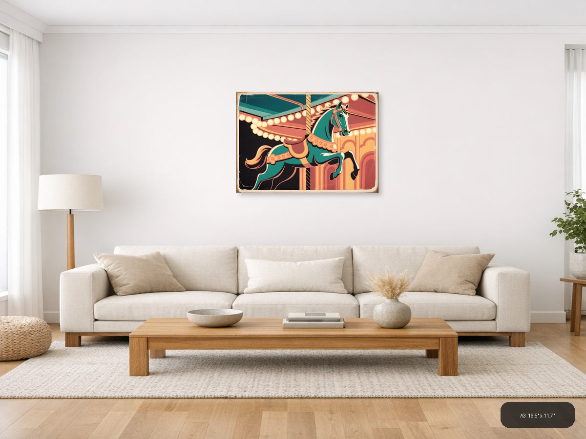 Vintage Carousel Horse Teal & Gold Wall Art — A3 / Living Room