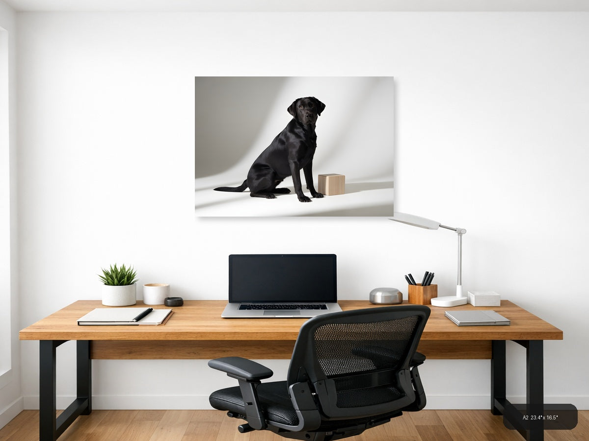 Black Labrador with Wooden Block Minimalist Wall Art — A2 / Office
