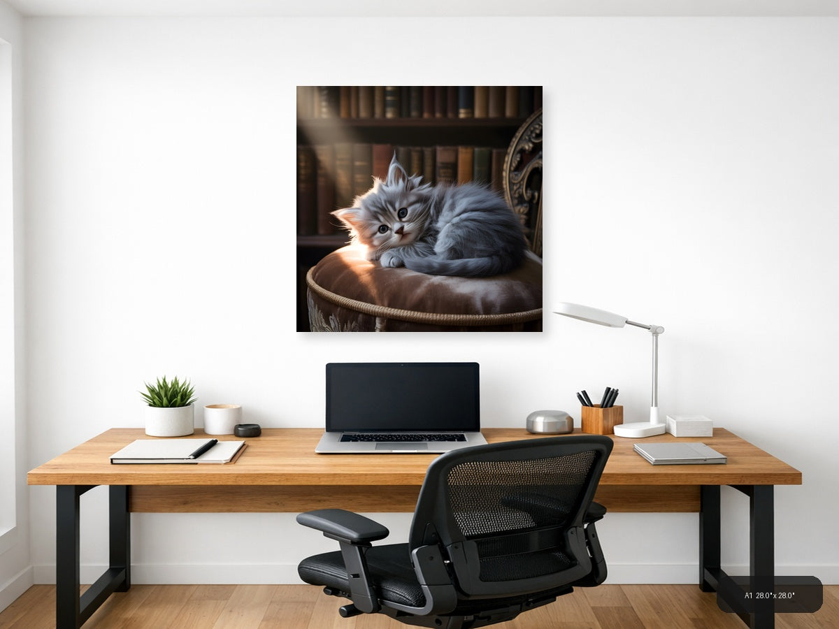Fluffy Gray Kitten on Cushion Photography Wall Art — A1 / Office