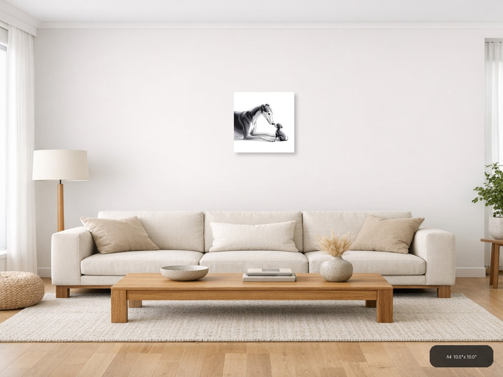 Large Dog and Puppy Minimalist Black White Wall Art — A4 / Living Room