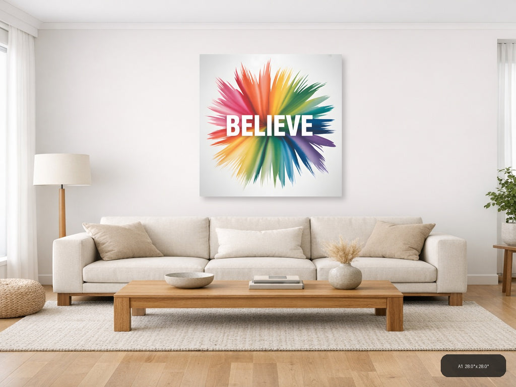 Believe Watercolor Rainbow Burst Square Wall Art — A1 / Living Room