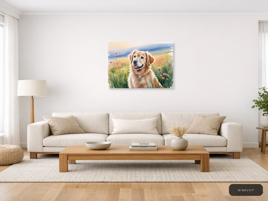 Golden Retriever in Wildflower Meadow Watercolor Wall Art — A3 / Living Room