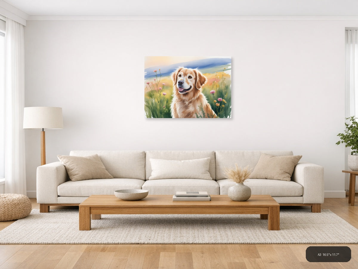 Golden Retriever in Wildflower Meadow Watercolor Wall Art — A3 / Living Room