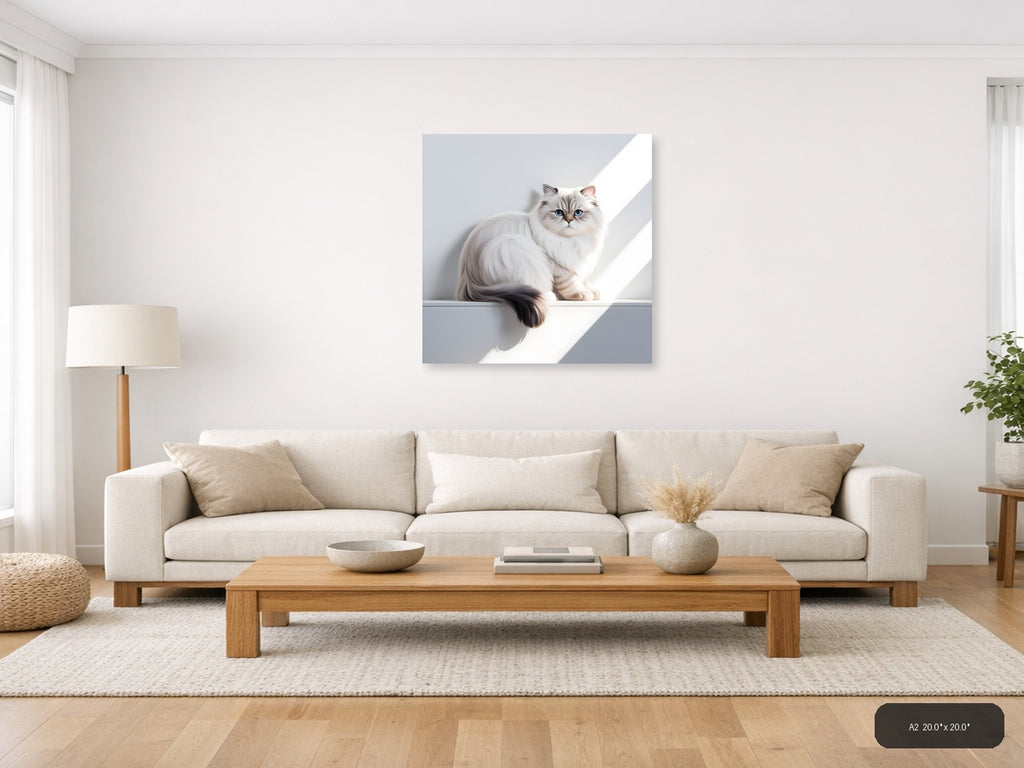 Minimalist White Cat with Blue Eyes Square Wall Art — A2 / Living Room