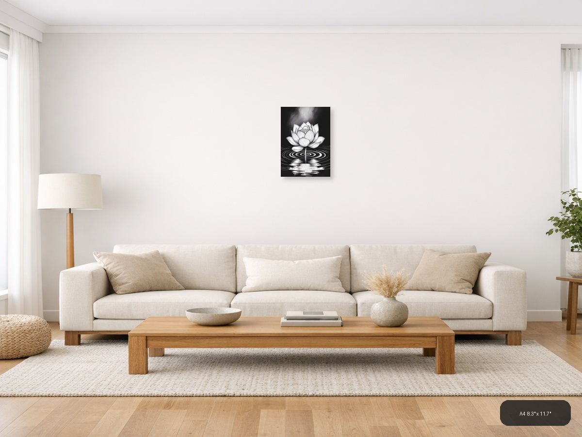 Lotus Flower Ripples Black & White Line Art Wall Art — A4 / Living Room