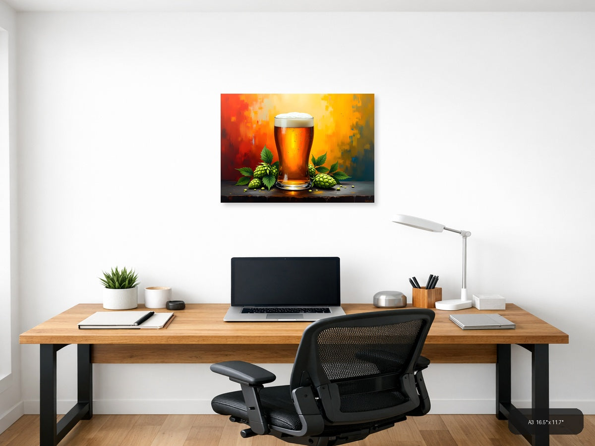 Beer Glass Hops Abstract Orange Yellow Wall Art — A3 / Office