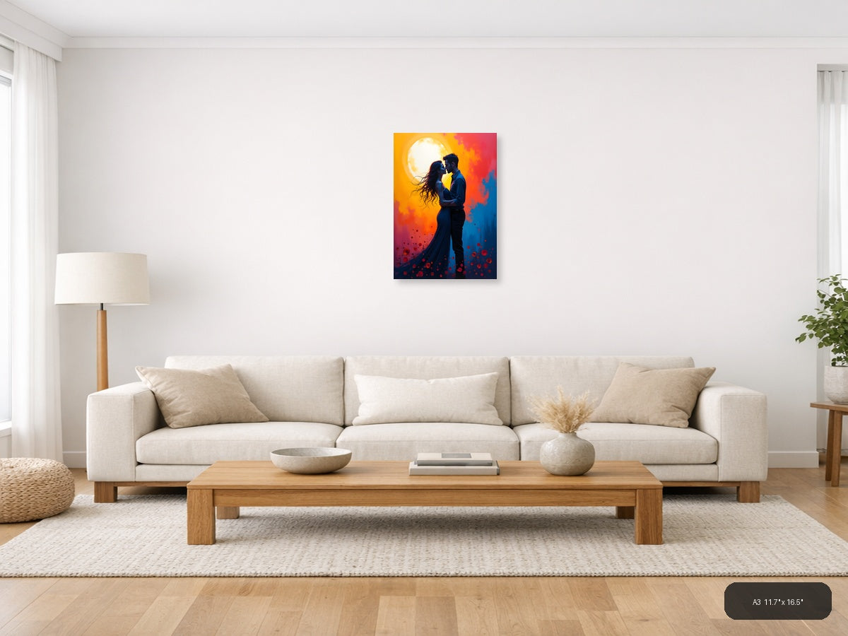 Romantic Couple Moon Silhouette Abstract Wall Art — A3 / Living Room
