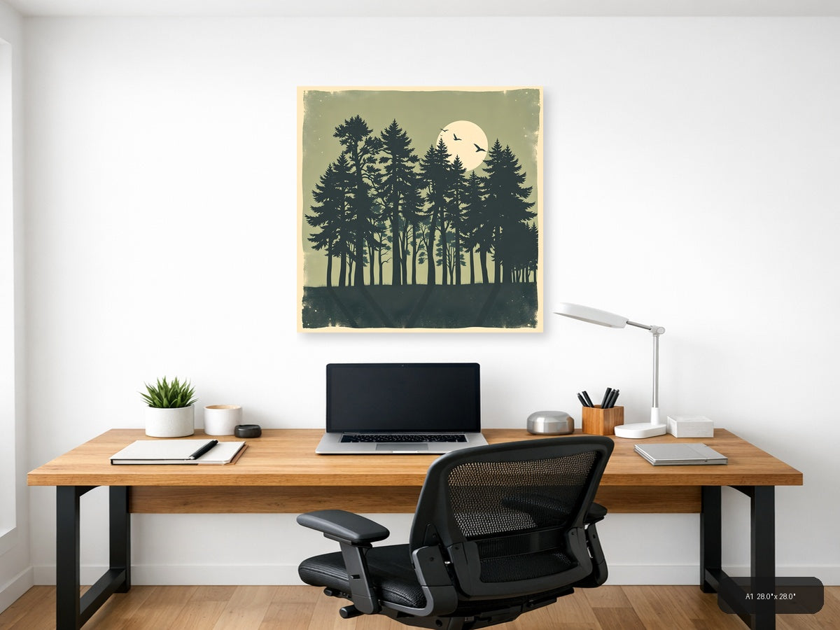 Vintage Forest Moon Silhouette Wall Art — A1 / Office