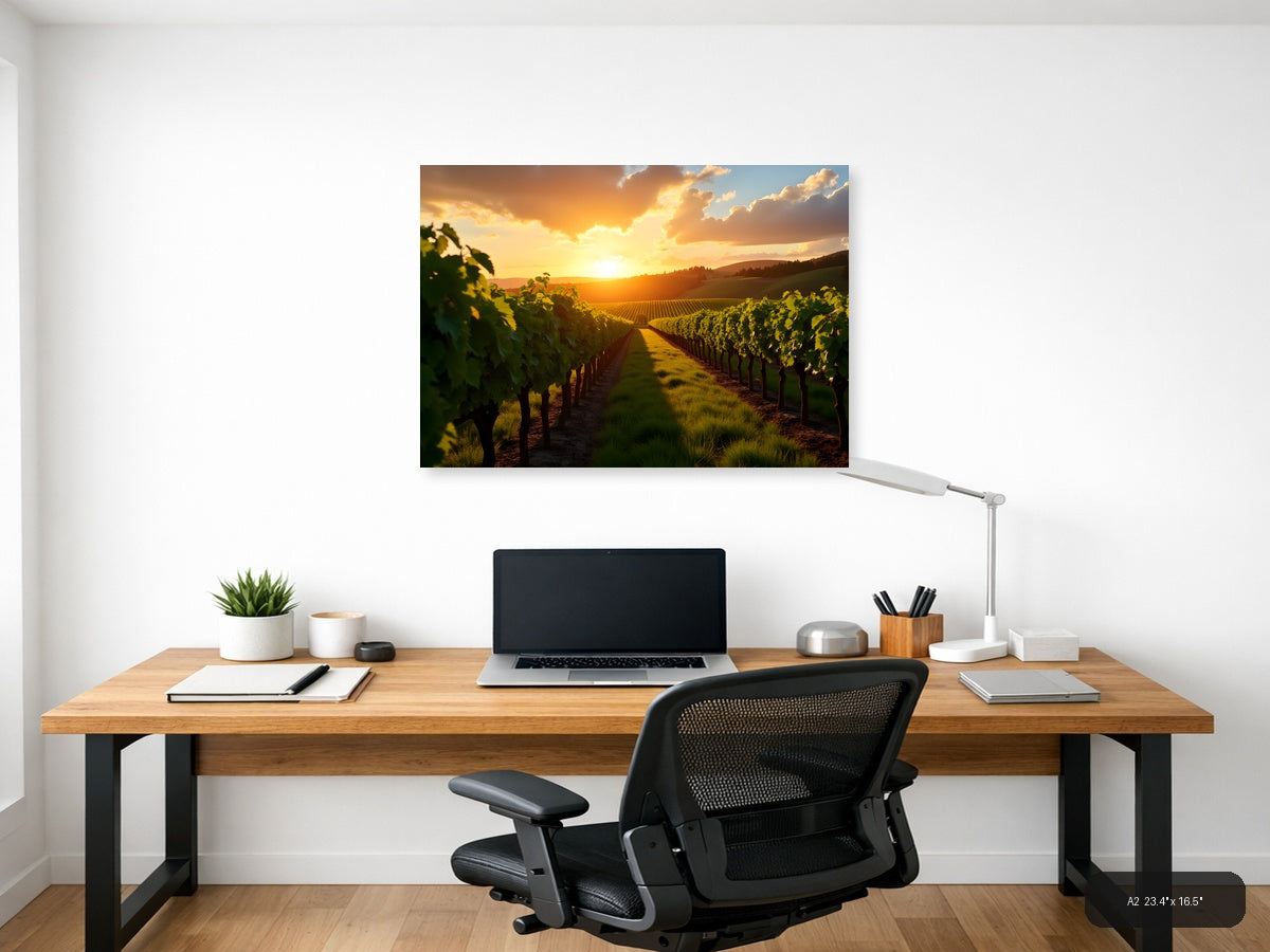 Golden Sunset Over Vineyard Rows Photography Wall Art — A2 / Office