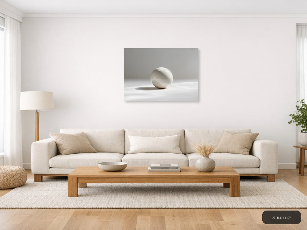 Minimalist White Sphere Shadow Wall Art — A3 / Living Room