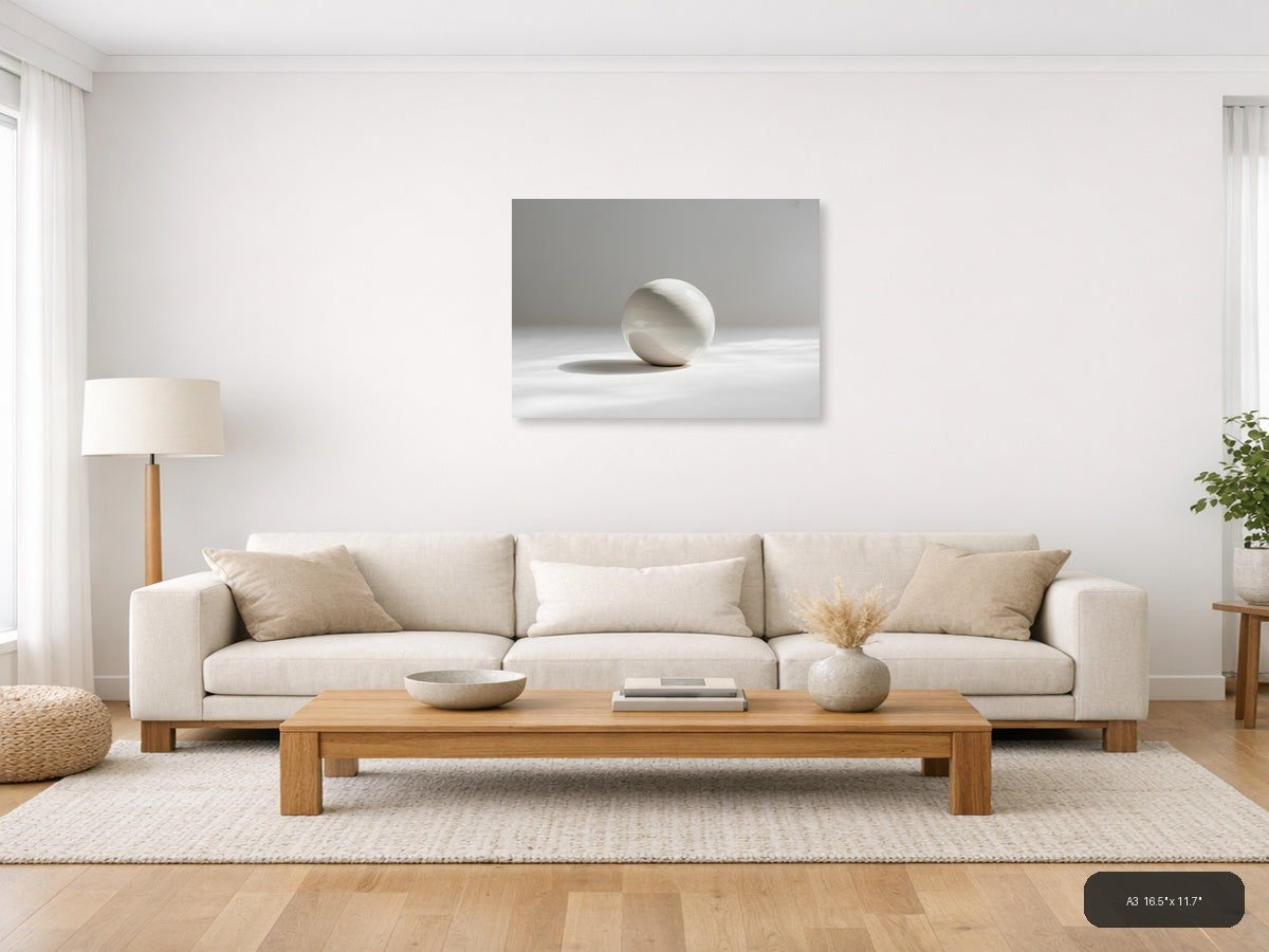 Minimalist White Sphere Shadow Wall Art — A3 / Living Room