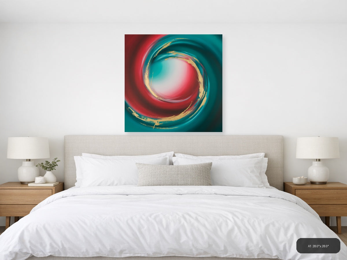 Teal Red Gold Spiral Abstract Modern Wall Art — A1 / Bedroom
