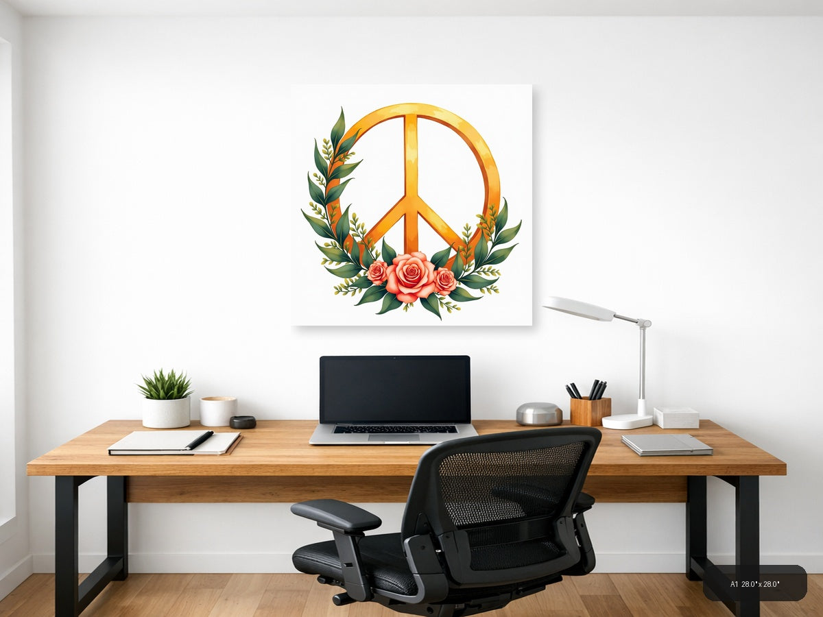 Golden Peace Sign with Roses Watercolor Wall Art — A1 / Office