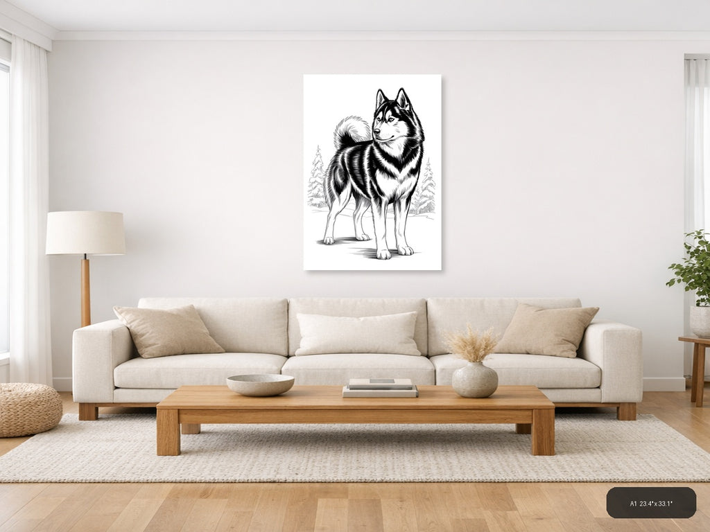 Husky Portrait Line Art Drawing - Black & White Wall Art — A1 / Living Room